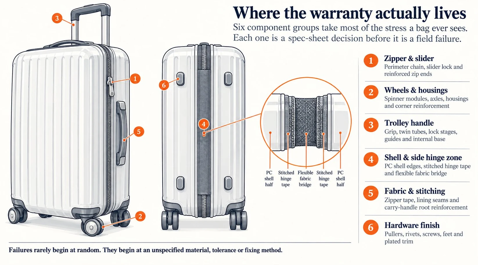 A carry-on annotated with the six component groups that decide most warranty outcomes: 1 zipper and slider, 2 wheels and housings, 3 trolley handle, 4 shell and rear hinge zone, 5 fabric and stitching, 6 hardware finish